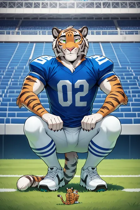 american football stadium background, Green Eyes,Reflections,  full body striped skirt, antropomórfico,  male Bengal tiger  Adulto, without humans,  by ango76  ,    masterpiece, best quality,muy estético, newest,  anthropoid, mammal, a child, Clothes, Alon...