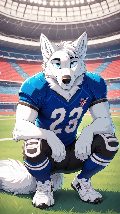 american football stadium background, Eye blue, Reflections,  full body, antropomorfico, Adult Wolf, without humans,   by ango76 ,    Masterpiece, better quality,very aesthetic, newest,  anthropoid, mammal, a boy, Clothes, Alone, byry, byry Macho, macho fo...