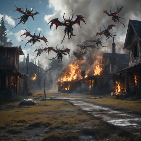 A whole cul-de-sac of houses in a residential neighborhood is on fire and 6 are completely engulfed in flames. There are no people anywhere. A few dogs and cats watch the fire from afar. Multiple views.The smoke from the house chokes the clean air of the ...