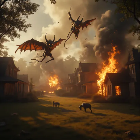 A whole cul-de-sac of houses in a residential neighborhood is on fire and 6 are completely engulfed in flames. There are no people anywhere. A few dogs and cats watch the fire from afar. Multiple views.The smoke from the house chokes the clean air of the ...