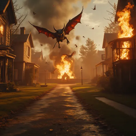 An entire cul-de-sac of houses in a residential neighborhood is on fire and 6 are completely engulfed in flames. There are no people anywhere. A few dogs and cats watch the fire from afar. Multiple views. The smoke from the house chokes the clean air of t...