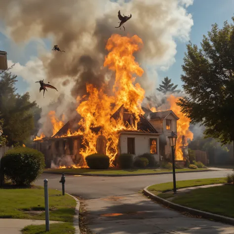 An entire cul-de-sac of houses in a residential neighborhood is on fire and 6 are completely engulfed in flames. There are no people anywhere. A few dogs and cats watch the fire from afar. Multiple views. The smoke from the house chokes the clean air of t...