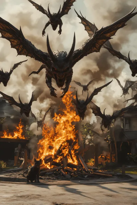A whole cul-de-sac of houses in a residential neighborhood is on fire and 6 are completely engulfed in flames. There are no people anywhere. A few dogs and cats watch the fire from afar. Multiple views.The smoke from the house chokes the clean air of the ...