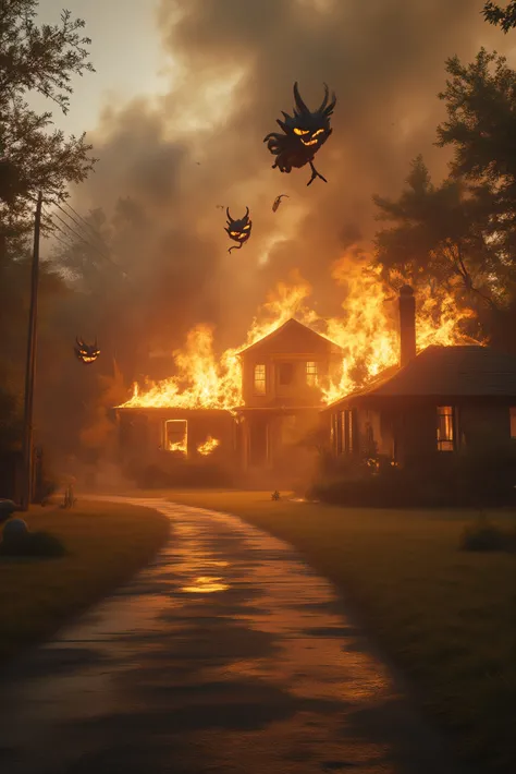 A whole cul-de-sac of houses in a residential neighborhood is on fire and 6 are completely engulfed in flames. There are no people anywhere. A few dogs and cats watch the fire from afar. Multiple views.The smoke from the house chokes the clean air of the ...