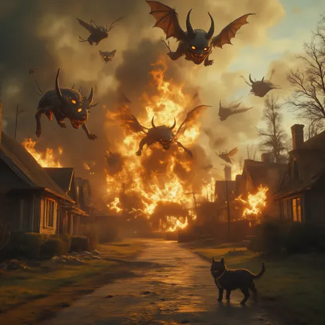 A whole cul-de-sac of houses in a residential neighborhood is on fire and 6 are completely engulfed in flames. There are no people anywhere. A few dogs and cats watch the fire from afar. Multiple views.The smoke from the house chokes the clean air of the ...