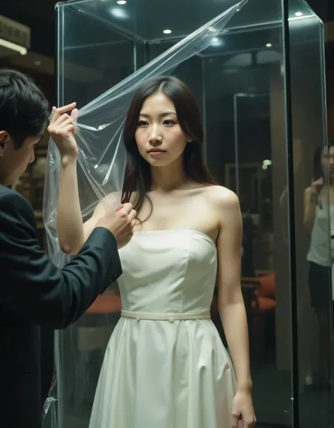 beautiful woman taking off plastic, Sky expression, A woman in a sexy white silk wedding mini dress is inside a glass showcase、price tag 、brighter lighting、Love Doll Showroom、Gentleman Appreciating Women、1 woman、thigh details、beautifully drawn face in ever...