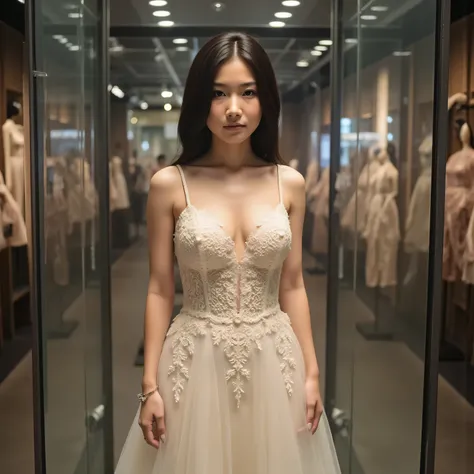 A woman wearing a sexy white lace prom mini dress with a beautiful empty expression is displayed in a glass case、price tag 、brighter lighting、Love Doll Showroom、Gentlemen evaluating the woman in the showcase、Multiple Women、thigh details、Beautiful illustrat...