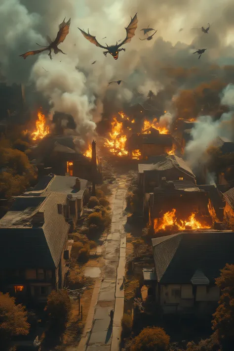 A whole cul-de-sac of houses in a residential neighborhood is on fire and 6 are completely engulfed in flames. There are no people anywhere. A few dogs and cats watch the fire from afar. Multiple views, perspective, from above. The smoke from the house c...