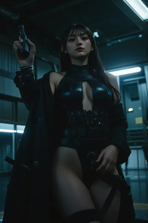 (((The pitch-dark interior of the Nostromo ship:2.0))),(((HR Gigger Style Cyberpunk Atmosphere:2.0))),(((Holds a Colt Government-style laser gun:2.0))),((pointing the muzzle at the viewer:2.0)),A woman,(cute face:1.5),(Beautiful well-balanced face :1.7),((...