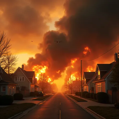 A whole cul-de-sac of houses in a residential neighborhood is on fire and 6 are completely engulfed in flames. There are no people anywhere. A few dogs and cats watch the fire from afar.  Multiple views.The smoke from the house chokes the clean air of the ...