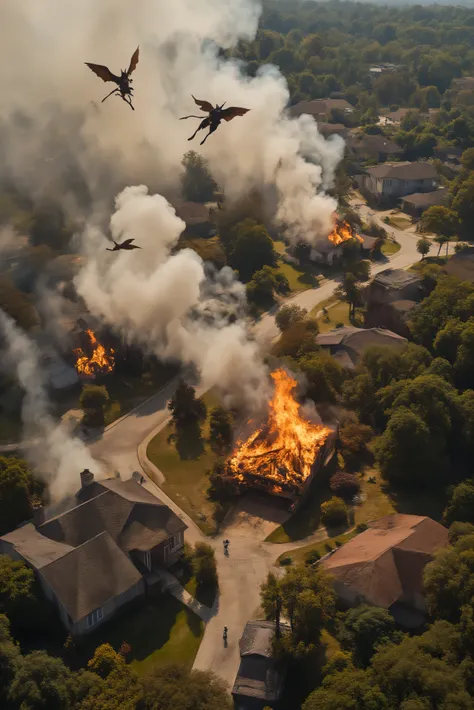 A whole cul-de-sac of houses in a residential neighborhood is on fire and 6 are completely engulfed in flames. There are no people anywhere. A few dogs and cats watch the fire from afar. Multiple views, perspective, from above. The smoke from the house c...