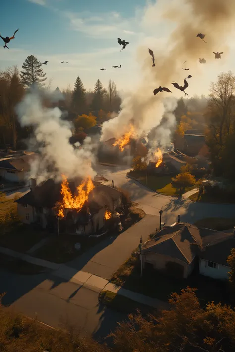 A whole cul-de-sac of houses in a residential neighborhood is on fire and 6 are completely engulfed in flames. There are no people anywhere. A few dogs and cats watch the fire from afar. Multiple views, perspective, from above. The smoke from the house c...