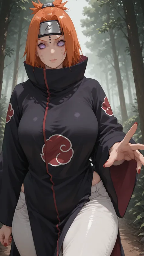 1girl, solo, beautiful girl, UHD, masterpiece, (anatomically correct), super detail, high details, high quality, best quality, HD, 8k
chikushodo, orange hair, purple sclera, ringed eyes, piercing
[body part] piercing
forehead protector, akatsuki uniform, w...