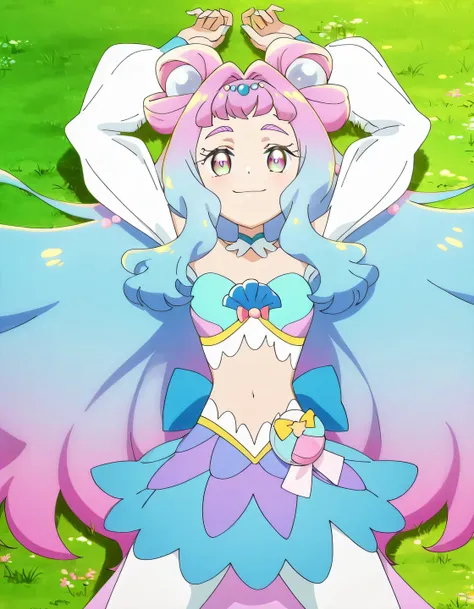 curelamer, lamercostume, anime screencap, high quality, solo, lying, on back, on grass, arms up, spread legs, overhead view, cowboy shot, closed mouth, looking at viewer, smile, best quality