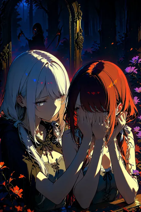 (masterpiece:1.2, Best Quality), (finely detailed beautiful eye: 1.2), (beautiful detailed face, good_hands), 2girls, facing each other, purple willow tree branches, fog, mist, night, portrait, close up, looking at each other, mirror, character: looking in...