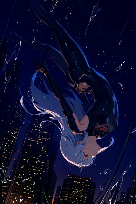 masterpiece, high resolution, an anime girl, cute face, detailed face, long white hair, blue eyes, from below, low angle, from side, profile, sky diving, upside-down, dynamic angle, dynamic action, ((falling down a skyscraper)), diving, wearing cybernetic ...