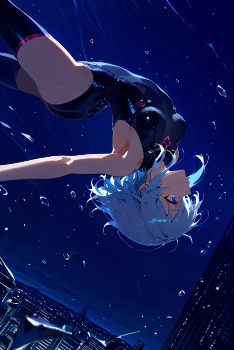 masterpiece, high resolution, an anime girl, cute face, detailed face, long white hair, blue eyes, from below, low angle, from side, profile, sky diving, upside-down, dynamic angle, dynamic action, ((falling down a skyscraper)), diving, wearing cybernetic ...