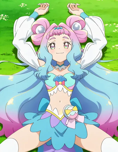 curelamer, lamercostume, anime screencap, high quality, solo, lying, on back, on grass, arms up, spread legs, overhead view, cowboy shot, closed mouth, looking at viewer, smile, best quality