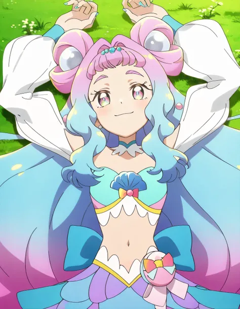 curelamer, lamercostume, anime screencap, high quality, solo, lying, on back, on grass, arms up, spread legs, overhead view, cowboy shot, closed mouth, looking at viewer, smile, best quality