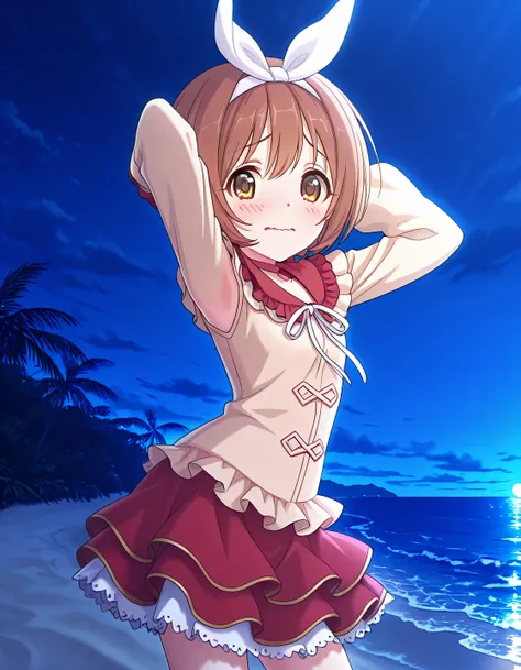 rlpkrmi, short hair, brown hair, hairband, hair ribbon, brown eyes, white ribbon, frilled shirt collar, red collar, beige shirt, long sleeves, red skirt, frilled skirt, white frills, anime screencap, high quality, solo, night sky, beach, armpits, (hands be...