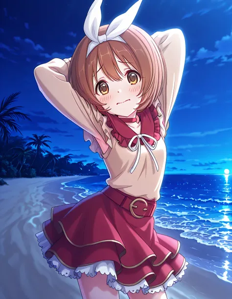 rlpkrmi, short hair, brown hair, hairband, hair ribbon, brown eyes, white ribbon, frilled shirt collar, red collar, beige shirt, long sleeves, red skirt, frilled skirt, white frills, anime screencap, high quality, solo, night sky, beach, armpits, (hands be...