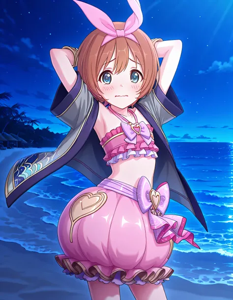 pcrkrmi, short hair, brown hair, hairband, hair ribbon, blue eyes, pkrmstg, pink ribbon, pink crop top, halterneck, happi, grey jacket, dress bow, purple bow, bubble skirt, frilled dress, anime screencap, high quality, solo, night sky, beach, armpits, (han...