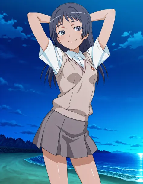 maaya awatsuki \(railgun\), Toaru Kagaku no Railgun & Index anime style, dark blue hair, long hair, bangs, sidelocks, blue eyes, school uniform, skirt, small breasts, anime screencap, high quality, solo, shiny skin, night sky, beach, arms behind head, (con...