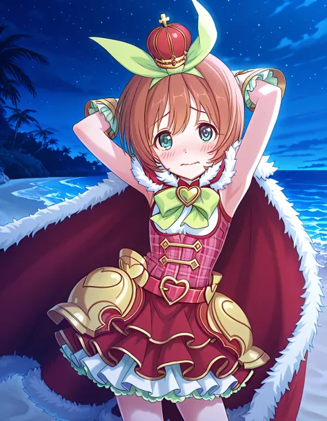 pcrkrmi, short hair, brown hair, hairband, hair ribbon, blue eyes, pkrmmas, green ribbon, crown, fur-trimmed cape, red cape, green bowtie, heart brooch, white shirt, plaid shirt, red shirt, red belt, hip armor, white gloves, dark red skirt, white skirt, la...