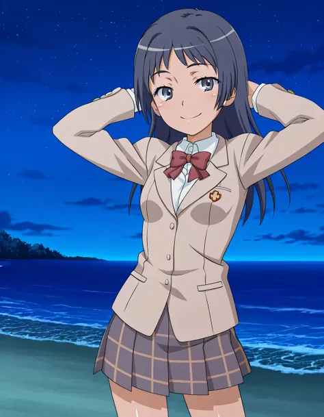 maaya awatsuki \(railgun\), Toaru Kagaku no Railgun & Index anime style, dark blue hair, long hair, bangs, sidelocks, blue eyes, tokiwadai school uniform, winter uniform, red bowtie, brown jacket, dress shirt, white shirt, collared shirt, long sleeves, pl...