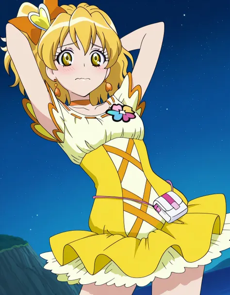Cure Pine, yellow_hair, short_hair, wavy hair, short side tail, hair_ornament, gold eyes, small_breasts, yellow precure costumes, anime screencap, high quality, solo, night sky, island, arms behind head, ((contrapposto)), closed mouth, three-quarter portra...