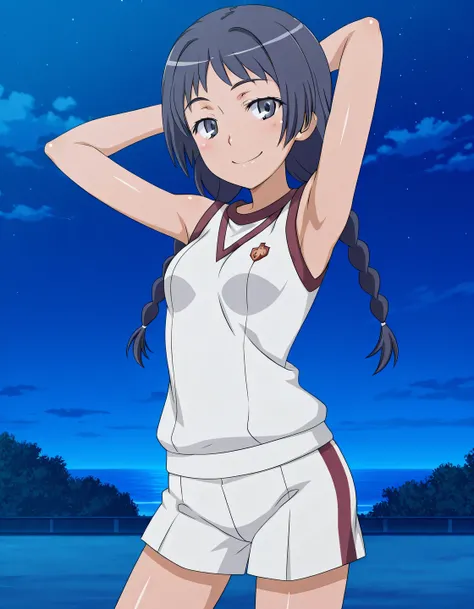 maaya awatsuki \(railgun\), Toaru Kagaku no Railgun & Index anime style, dark blue hair, long hair, braid, twin braids, blue eyes, tokiwadai gym uniform, gym uniform, bare shoulders, sleeveless shirt, white shirt, white shorts, small breasts, anime scree...