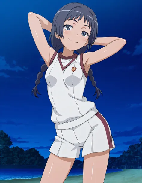 maaya awatsuki \(railgun\), Toaru Kagaku no Railgun & Index anime style, dark blue hair, long hair, braid, twin braids, blue eyes, tokiwadai gym uniform, gym uniform, bare shoulders, sleeveless shirt, white shirt, white shorts, small breasts, anime scree...