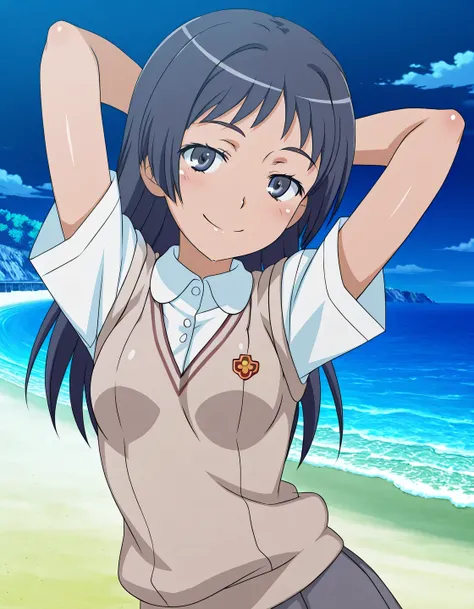 maaya awatsuki \(railgun\), Toaru Kagaku no Railgun & Index anime style, dark blue hair, long hair, bangs, sidelocks, blue eyes, school uniform, skirt, small breasts, anime screencap, high quality, solo, shiny skin, night sky, beach, arms behind head, (con...
