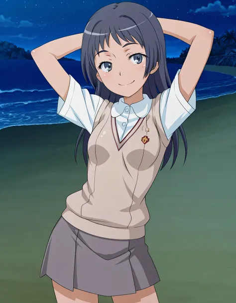 maaya awatsuki \(railgun\), Toaru Kagaku no Railgun & Index anime style, dark blue hair, long hair, bangs, sidelocks, blue eyes, school uniform, skirt, small breasts, anime screencap, high quality, solo, shiny skin, night sky, beach, arms behind head, (con...