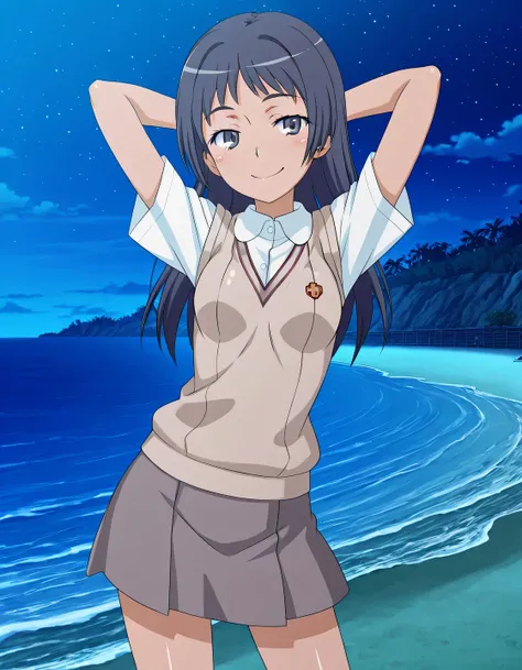 maaya awatsuki \(railgun\), Toaru Kagaku no Railgun & Index anime style, dark blue hair, long hair, bangs, sidelocks, blue eyes, school uniform, skirt, small breasts, anime screencap, high quality, solo, shiny skin, night sky, beach, arms behind head, (con...