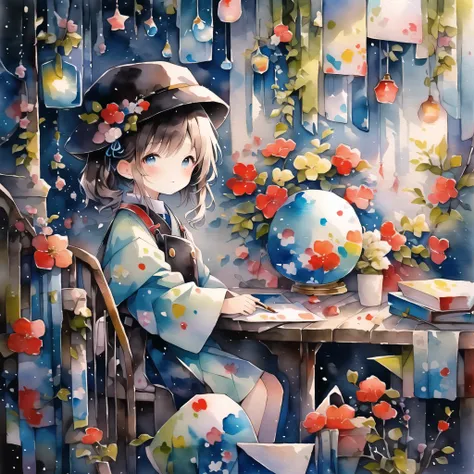 Little girl painting in watercolor