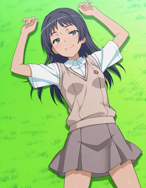 maaya awatsuki \(railgun\), Toaru Kagaku no Railgun & Index anime style, dark blue hair, long hair, bangs, sidelocks, blue eyes, school uniform, skirt, anime screencap, high quality, closed mouth, solo, cowboy shot, medium shot, lying, on back, grass, arm...