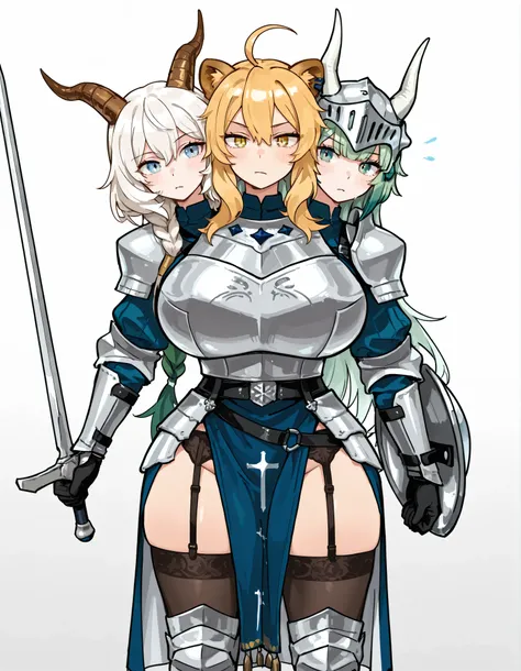 conjoined, 3girls, 3heads, three heads, a tall thin girls with 3 heads, blonde hair, yellow eyes, lion girl, blonde hair lion girl, white hair, blue eyes, goat girl, white hair goat girl, green hair, green eyes, dragon girl, green hair dragon girl, chest a...