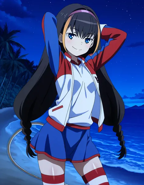 lessar, solo, blue eyes, multicolored hair, streaked hair, brown hair, highlights, long hair, braid, mechanical tail, hairband, blue skirt, black gloves, striped thighhighs, jacket, anime screencap, high quality, solo, shiny skin, night sky, beach, arms be...