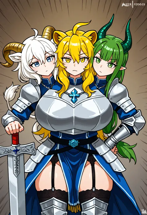 conjoined, 3girls, 3heads, three heads, a tall thin girls with 3 heads, blonde hair, yellow eyes, lion girl, blonde hair lion girl, lion ears, white hair, blue eyes, goat girl, white hair goat girl, goat horns, green hair, green eyes, dragon girl, green ha...