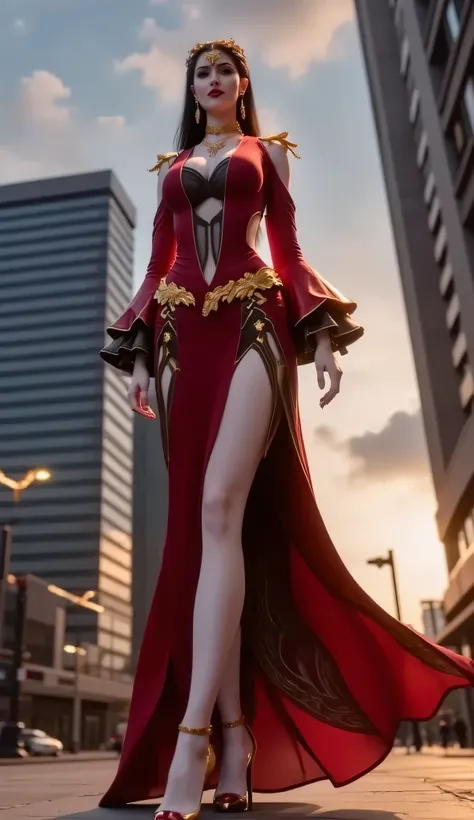 A dramatic low-angle shot of a fashion model in a flowing dress, camera positioned near the ground looking upward, emphasizing height and power, subject's face in sharp focus while dress billows dramatically behind, urban architecture creating leading line...