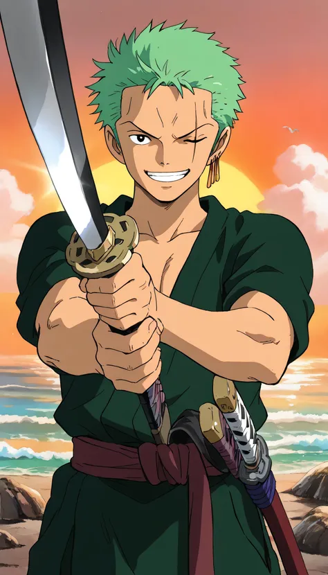 (1boy,zoro_roronoa), (extremely detailed CG unit 8k wallpaper),(master part), (best quality), (ultra detail), (best illustration),(ghibli_style), cowboy shot, standing, facing viewer, looking at viewer, perfect face, perfect eyes, perfect fingers, (Sharp e...