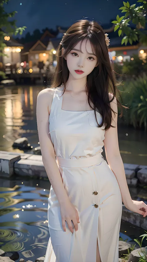 1 girl, 19 years old, ((city in Vietnam)), dark brown hair, purple eyes, hair ornament, ((A beautiful girl standing by a calm river, gazing at the flowing water, her expression soft and resigned, subtle reflection on the water, poetic cinematic scene)), re...