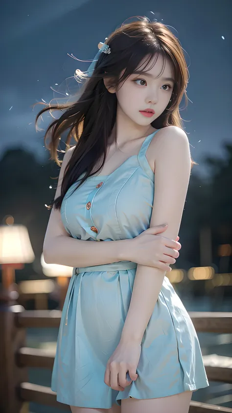 1 girl, 19 years old, ((city in Vietnam)), dark brown hair, purple eyes, hair ornament, ((cowboy photo)), ((Close-up of a beautiful girl looking toward the horizon, sadness in her eyes, a tear falling slowly, soft lighting, emotional and poetic tone)), rea...