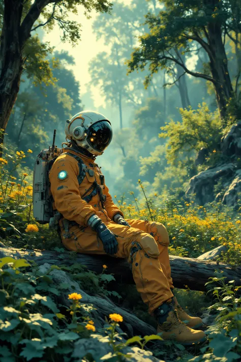 Astronaut in a futuristic orange and white spacesuit sitting on a log in a lush alien forest. The forest is filled with vibrant green plants and glowing yellow flowers, softly illuminated by diffused ambient light. The atmosphere feels peaceful, blending t...