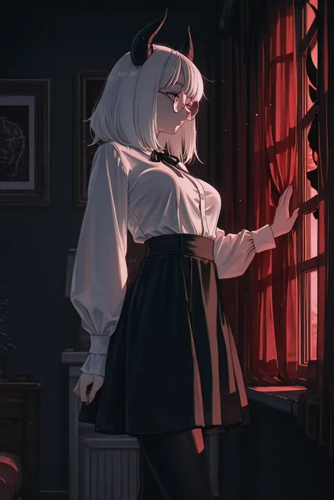 ((masterpiece)), ((ultra-detailed)), ((best quality)), demon, black horns, white hair, bangs, medium hair, pink eyes, medium breasts, round glasses, white shirt, long sleeves, long black skirt, black pantyhose, black ribbons, window, curtain on, dark room,...