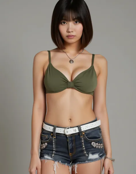 She's Arno. 4K, High Quality, (Excellent), (Best Quality), (((Dark brown short bob hair, round bangs, Hairstyle: 1.7))), Ivy green bikini top with thin straps and front hook closure, dark wash distressed denim shorts with deep frayed hem, embroidered silve...
