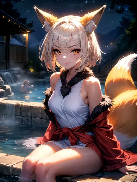 (Hot spring fox demon, humanoid fox, fox fur, nine tails, night, sitting in open-air bath: 1.5) (large white bath towel wrapped around body, girl, young, small breasts, yellow eyes, tanned fox hair, lolita, round face, seductive smile) (unreal engine, very...