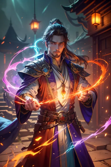 Gavin Guile ((long hair, roguish smile, short goatee)) is a muscular man with broad shoulders, yet still slender and in excellent physical condition. His hair is the color of burnished copper, medium, a striking reddish-brown hue, tied in a loose ponytail....