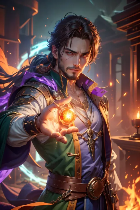 Gavin Guile ((long hair, roguish smile, short goatee)) is a muscular man with broad shoulders, yet still slender and in excellent physical condition. His hair is the color of burnished copper, medium, a striking reddish-brown hue, tied in a loose ponytail....